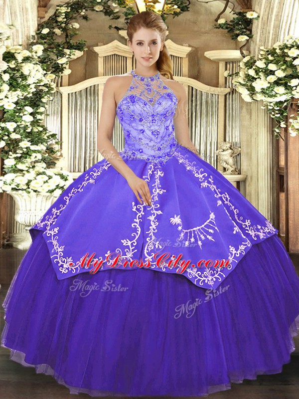 Dynamic Purple Satin and Tulle Lace Up Quinceanera Dress Sleeveless Floor Length Beading and Embroidery