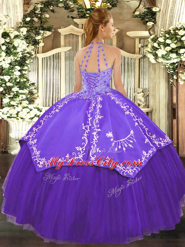 Dynamic Purple Satin and Tulle Lace Up Quinceanera Dress Sleeveless Floor Length Beading and Embroidery