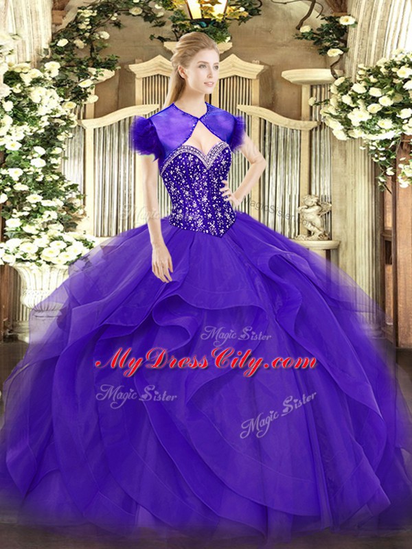 Sleeveless Lace Up Floor Length Beading and Ruffles Quinceanera Gown