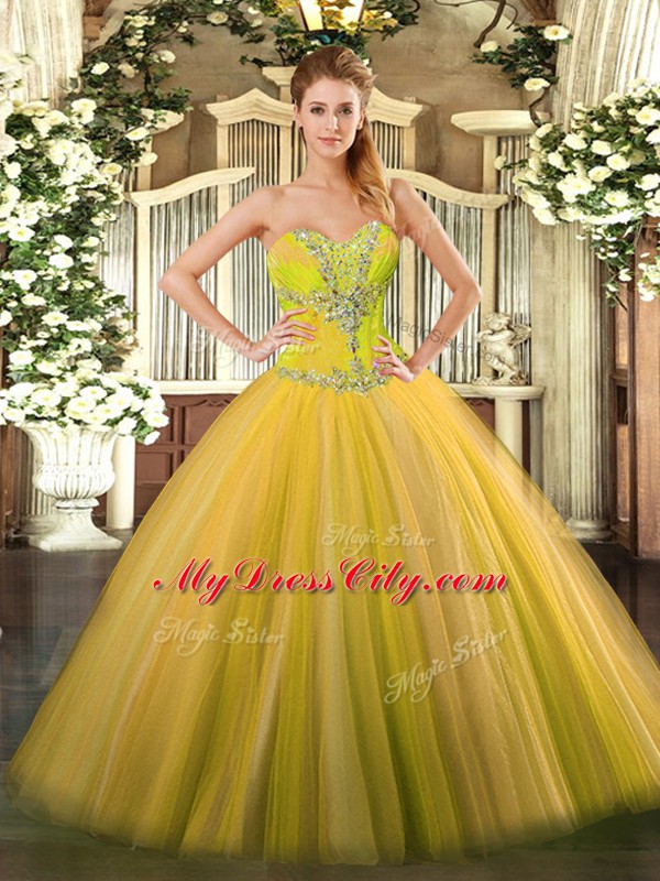 Edgy Gold Ball Gowns Sweetheart Sleeveless Tulle Floor Length Lace Up Beading Sweet 16 Quinceanera Dress