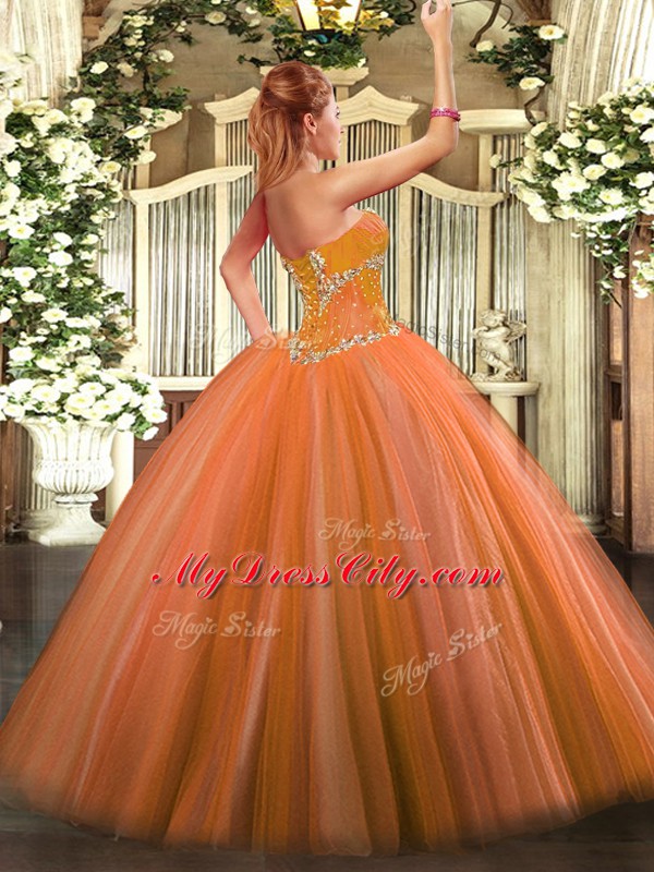 Edgy Gold Ball Gowns Sweetheart Sleeveless Tulle Floor Length Lace Up Beading Sweet 16 Quinceanera Dress