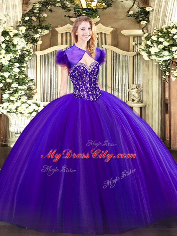 Fine Purple Sleeveless Floor Length Beading Lace Up Sweet 16 Quinceanera Dress