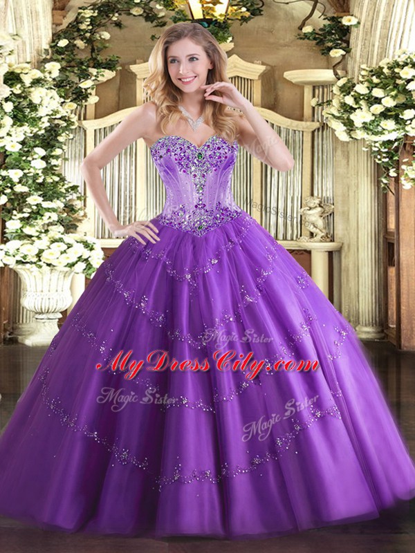 Sleeveless Floor Length Beading and Appliques Lace Up Quinceanera Gowns with Purple