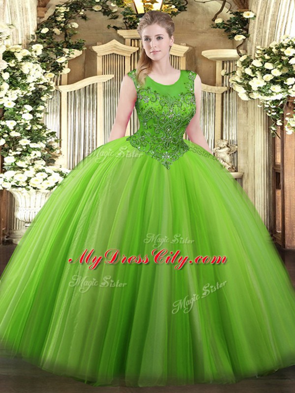 Popular Ball Gowns Scoop Sleeveless Tulle Floor Length Zipper Beading Sweet 16 Dresses