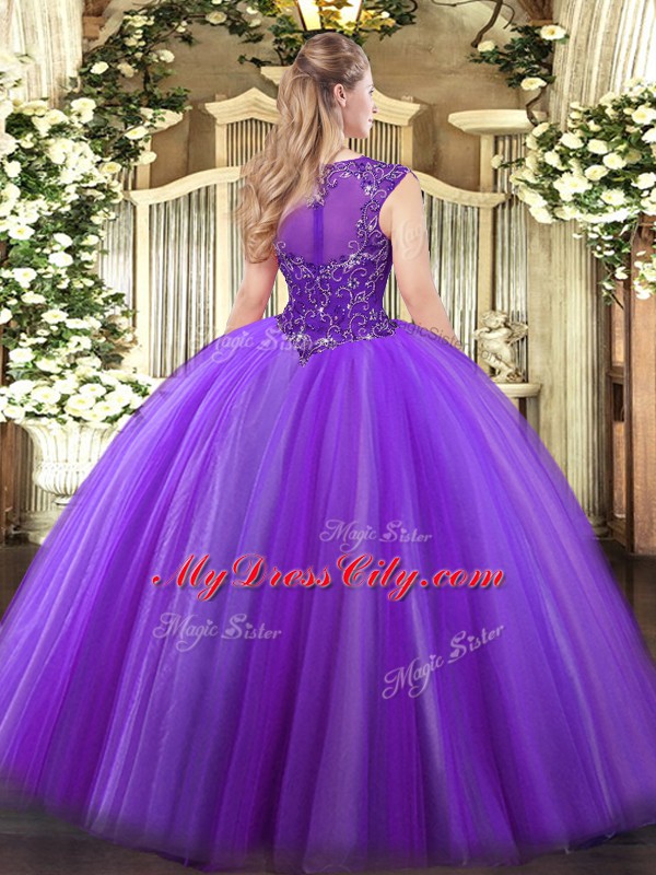 Popular Ball Gowns Scoop Sleeveless Tulle Floor Length Zipper Beading Sweet 16 Dresses