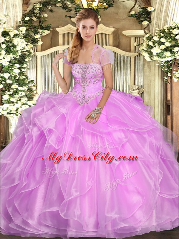 Custom Fit Lilac Strapless Lace Up Appliques and Ruffles Quince Ball Gowns Sleeveless