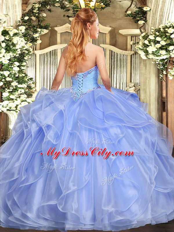 Custom Fit Lilac Strapless Lace Up Appliques and Ruffles Quince Ball Gowns Sleeveless