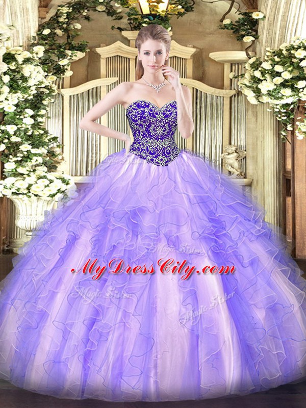 Latest Lavender Lace Up Sweetheart Beading and Ruffles Ball Gown Prom Dress Tulle Sleeveless