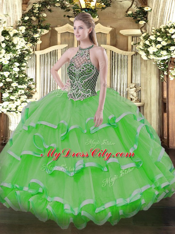 Ball Gowns Beading and Ruffles Quince Ball Gowns Lace Up Organza Sleeveless Floor Length