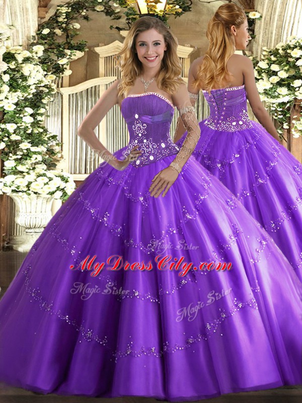 Colorful Lavender Sleeveless Beading and Appliques Floor Length Ball Gown Prom Dress