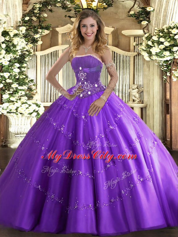 Colorful Lavender Sleeveless Beading and Appliques Floor Length Ball Gown Prom Dress