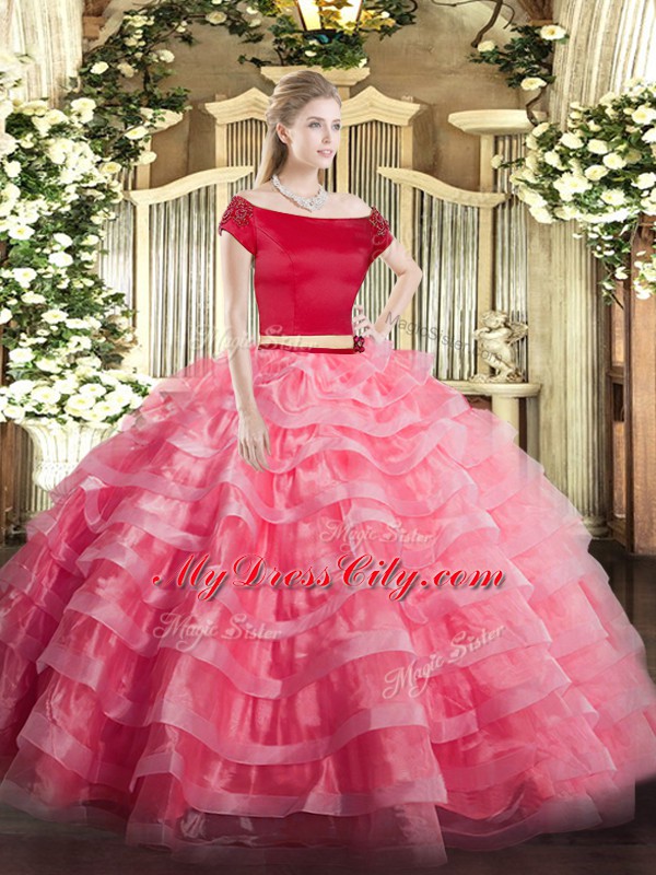 Great Tulle Off The Shoulder Short Sleeves Zipper Appliques and Ruffled Layers Sweet 16 Dress in Watermelon Red