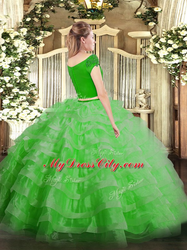 Great Tulle Off The Shoulder Short Sleeves Zipper Appliques and Ruffled Layers Sweet 16 Dress in Watermelon Red