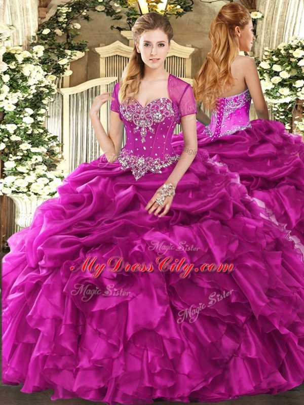 Sleeveless Organza Floor Length Lace Up Ball Gown Prom Dress in Fuchsia with Beading and Ruffles and Pick Ups