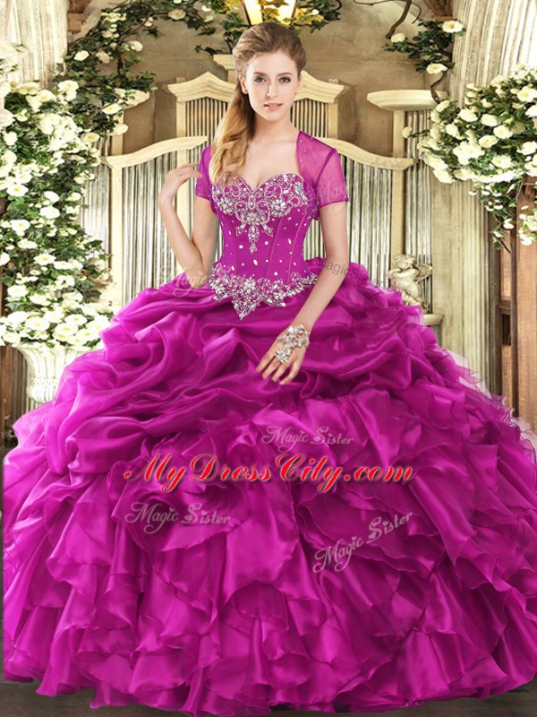 Sleeveless Organza Floor Length Lace Up Ball Gown Prom Dress in Fuchsia with Beading and Ruffles and Pick Ups