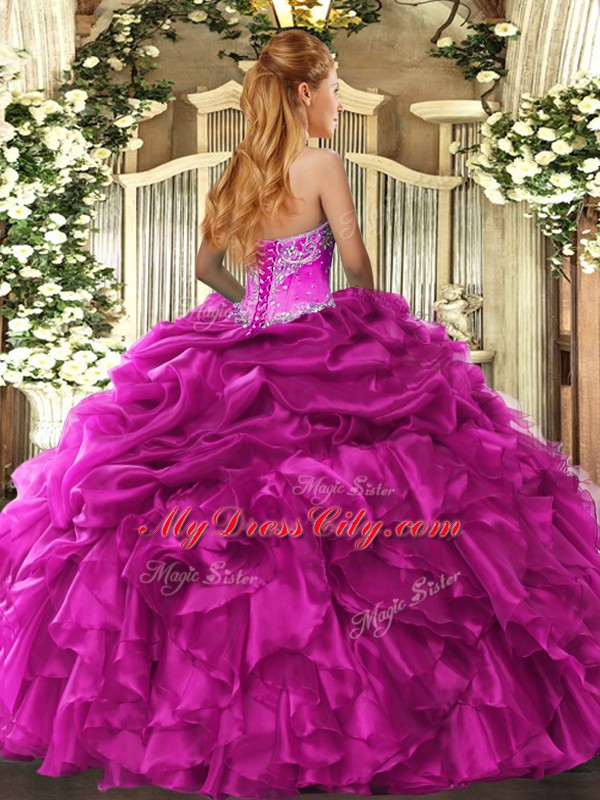 Sleeveless Organza Floor Length Lace Up Ball Gown Prom Dress in Fuchsia with Beading and Ruffles and Pick Ups