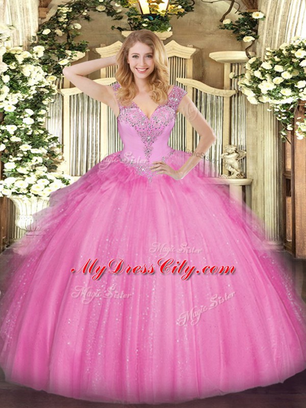 Glorious Sleeveless Floor Length Beading Lace Up 15 Quinceanera Dress with Rose Pink