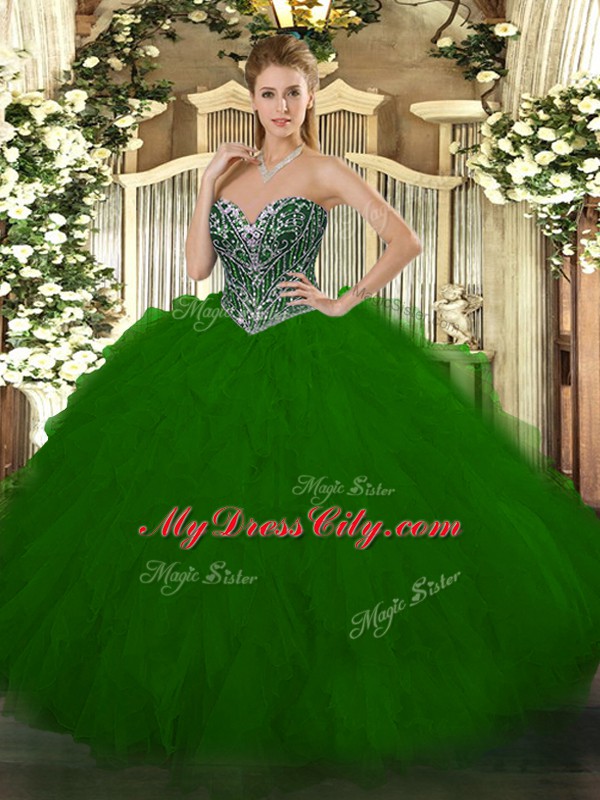 Spectacular Green Ball Gowns Tulle Sweetheart Sleeveless Beading and Ruffles Floor Length Lace Up Quinceanera Dress