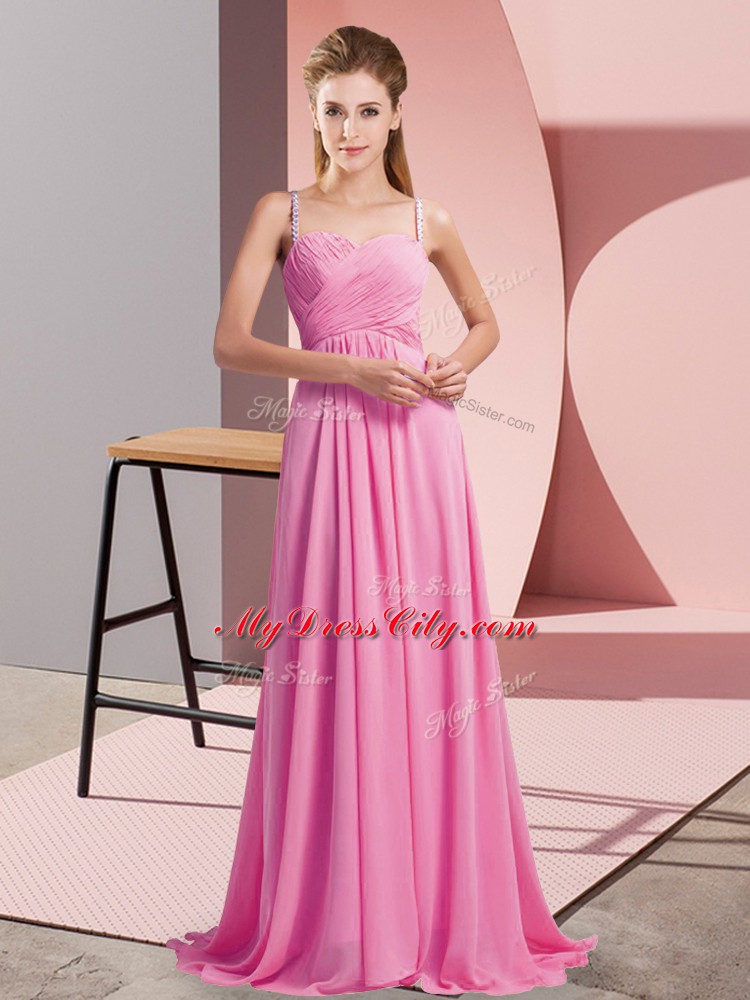 Traditional Rose Pink Spaghetti Straps Neckline Ruching Homecoming Dress Sleeveless Backless