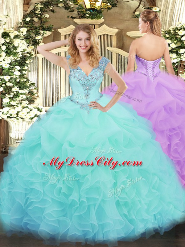 Deluxe Sleeveless Organza Floor Length Lace Up 15th Birthday Dress in Aqua Blue with Ruffles