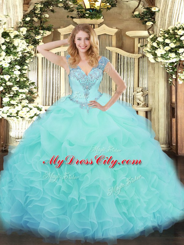 Deluxe Sleeveless Organza Floor Length Lace Up 15th Birthday Dress in Aqua Blue with Ruffles