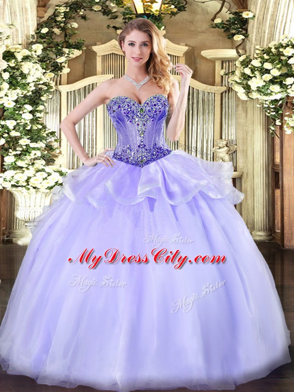 Adorable Lavender Organza Lace Up Sweetheart Sleeveless Floor Length Quince Ball Gowns Beading