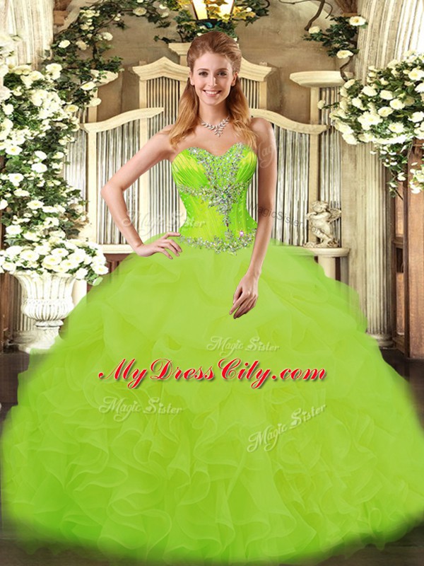 Beading and Ruffles Vestidos de Quinceanera Yellow Green Lace Up Sleeveless Floor Length