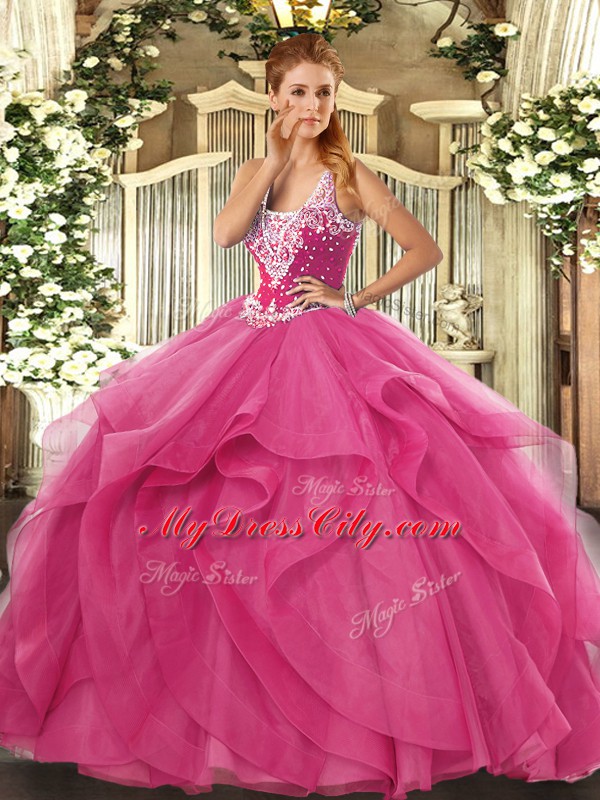 Free and Easy Tulle Straps Sleeveless Lace Up Beading and Ruffles 15th Birthday Dress in Hot Pink