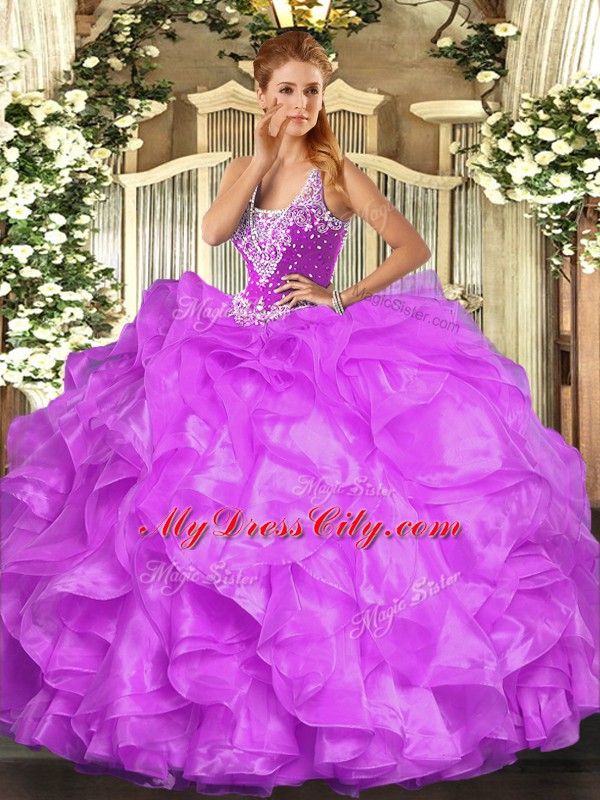 Hot Selling Lilac Sweet 16 Dresses Military Ball and Sweet 16 and Quinceanera with Beading and Ruffles Straps Sleeveless Lace Up