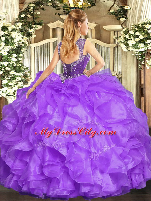 Hot Selling Lilac Sweet 16 Dresses Military Ball and Sweet 16 and Quinceanera with Beading and Ruffles Straps Sleeveless Lace Up