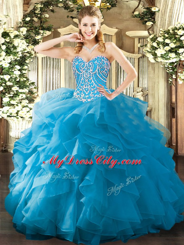 Best Organza Sweetheart Sleeveless Lace Up Beading and Ruffles Sweet 16 Dresses in Aqua Blue