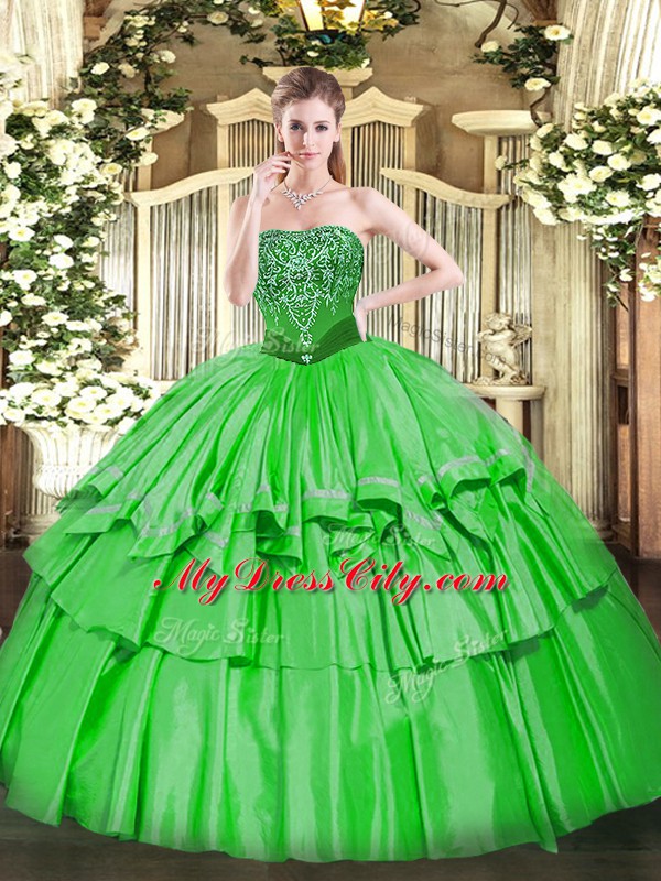 Green Organza and Taffeta Lace Up Ball Gown Prom Dress Sleeveless Floor Length Beading and Ruffled Layers