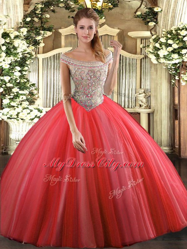 Sleeveless Floor Length Beading Lace Up 15th Birthday Dress with Coral Red