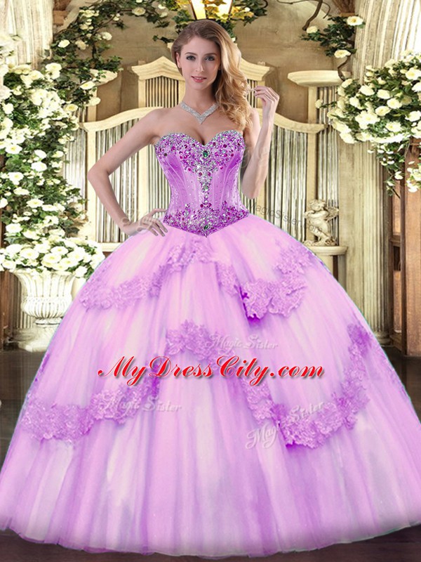 Floor Length Lace Up Vestidos de Quinceanera Lilac for Sweet 16 and Quinceanera with Beading