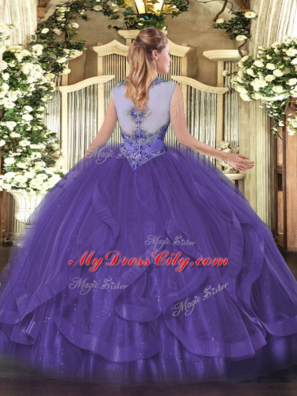 Most Popular Floor Length Lace Up 15th Birthday Dress Eggplant Purple for Sweet 16 and Quinceanera with Beading and Ruffles