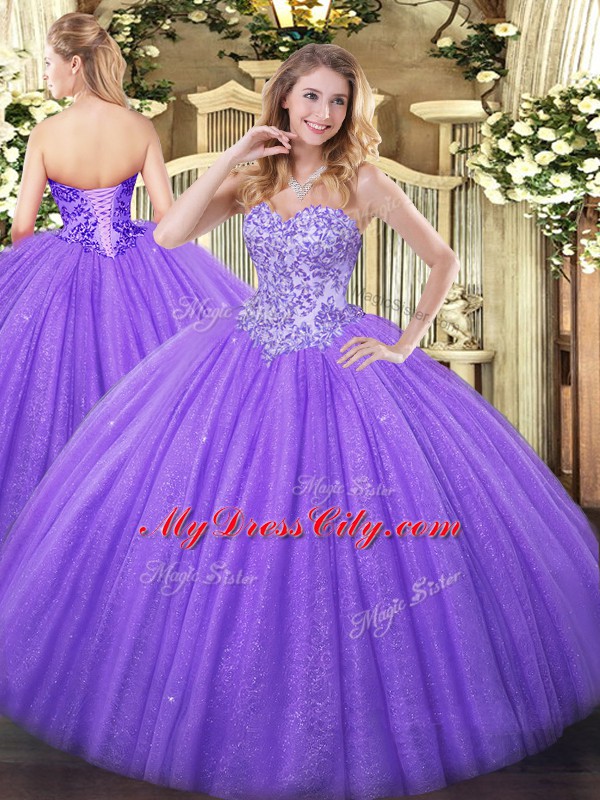 Lovely Sweetheart Sleeveless Lace Up Quinceanera Gowns Lavender Tulle and Sequined