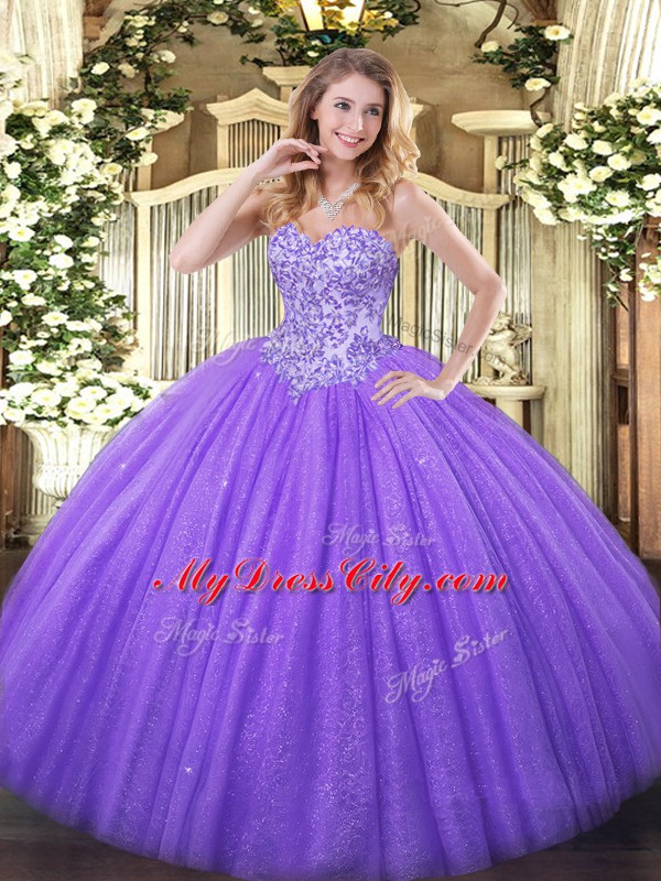 Lovely Sweetheart Sleeveless Lace Up Quinceanera Gowns Lavender Tulle and Sequined