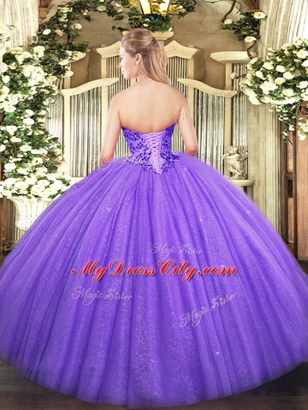 Lovely Sweetheart Sleeveless Lace Up Quinceanera Gowns Lavender Tulle and Sequined