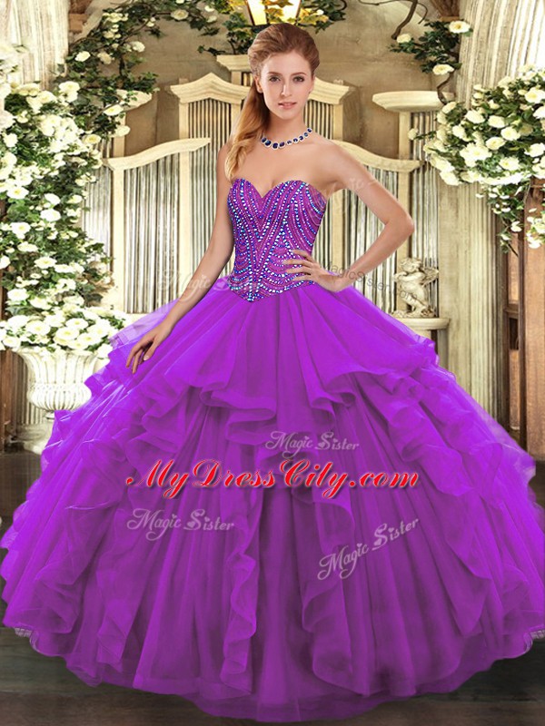 Customized Sleeveless Beading and Ruffles Lace Up Quinceanera Gown