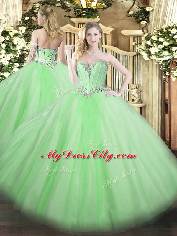 Ball Gowns Tulle Sweetheart Sleeveless Beading Floor Length Lace Up Sweet 16 Quinceanera Dress