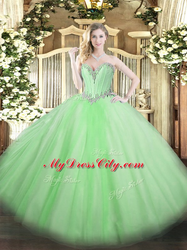 Ball Gowns Tulle Sweetheart Sleeveless Beading Floor Length Lace Up Sweet 16 Quinceanera Dress