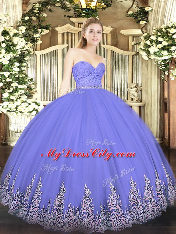 Discount Tulle Sweetheart Sleeveless Zipper Beading and Lace and Appliques Quinceanera Gowns in Lavender