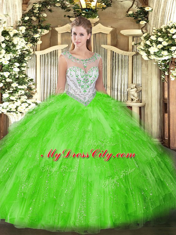 Ball Gowns Scoop Sleeveless Tulle Floor Length Zipper Beading and Ruffles Quinceanera Gown