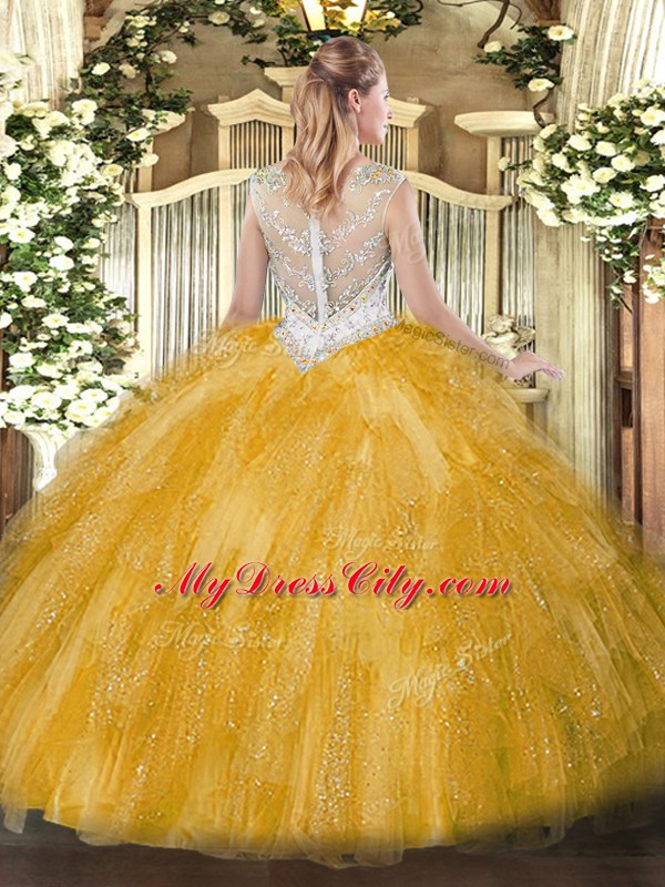 Ball Gowns Scoop Sleeveless Tulle Floor Length Zipper Beading and Ruffles Quinceanera Gown