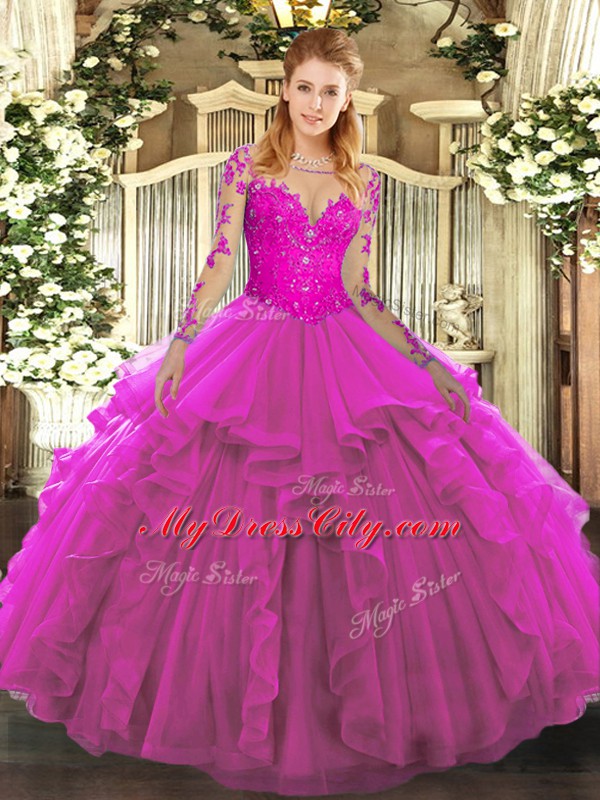 Luxury Fuchsia Long Sleeves Tulle Lace Up Sweet 16 Quinceanera Dress for Military Ball and Sweet 16 and Quinceanera