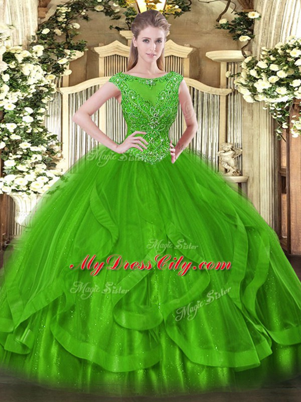 Beauteous Green Ball Gowns Tulle Scoop Sleeveless Beading Floor Length Zipper Quinceanera Dresses