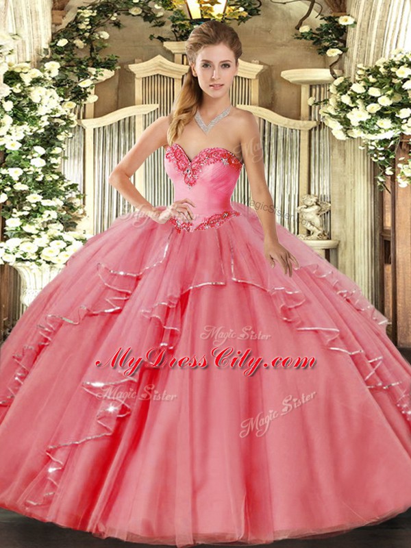 Watermelon Red Lace Up 15th Birthday Dress Beading and Ruffled Layers Sleeveless Floor Length