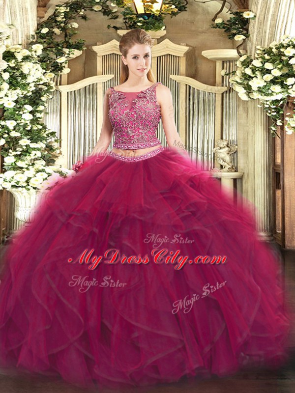 Superior Sleeveless Tulle Floor Length Lace Up Quince Ball Gowns in Fuchsia with Beading and Ruffles