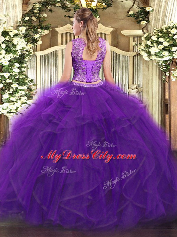 Superior Sleeveless Tulle Floor Length Lace Up Quince Ball Gowns in Fuchsia with Beading and Ruffles