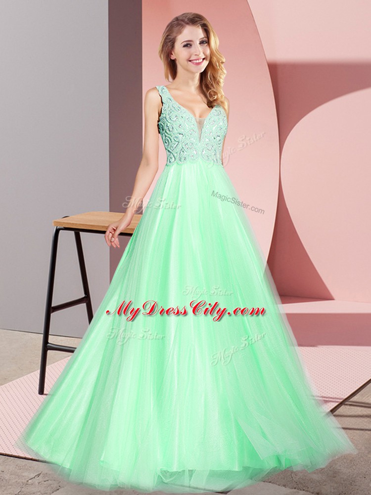 Floor Length Apple Green Dress for Prom Tulle Sleeveless Lace